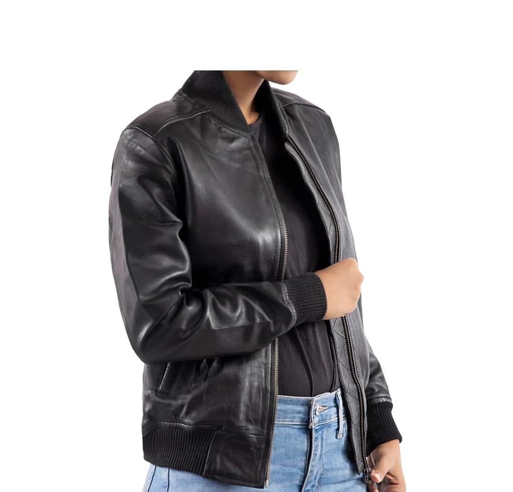 Blue Leather Women's Collarless Jacket - Motorcycle bomber
